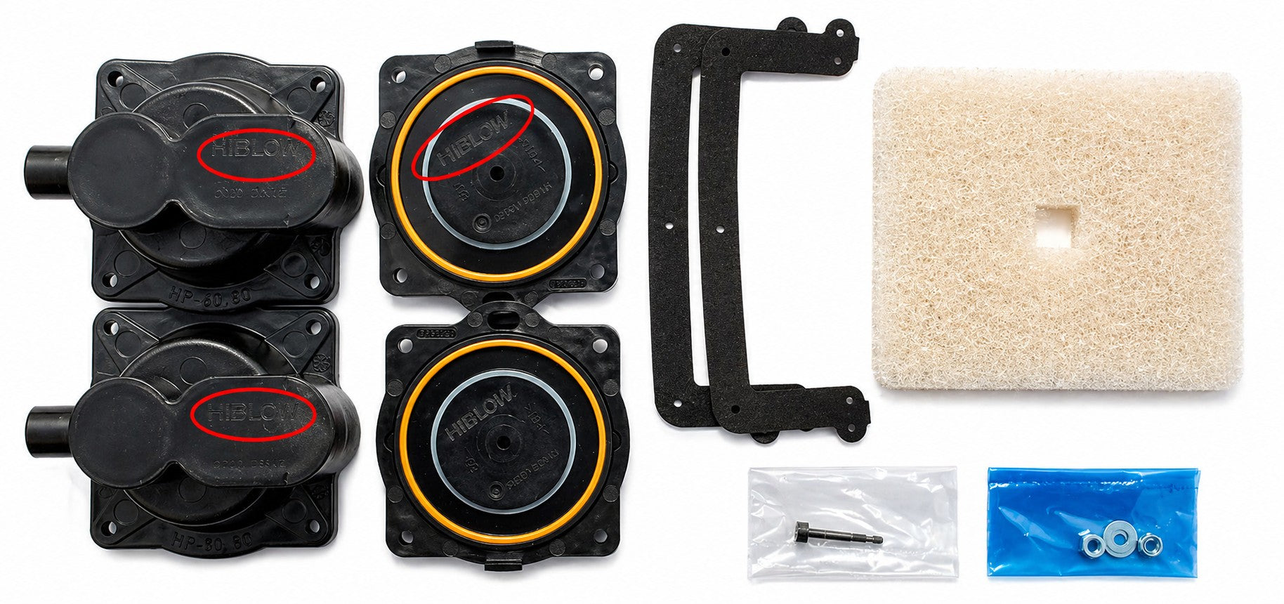HP 60/80 Repair kit with filter, cover gasket, diaphragms, and diaphragm blocks for HIBLOW pond aerator and septic aerator pumps.