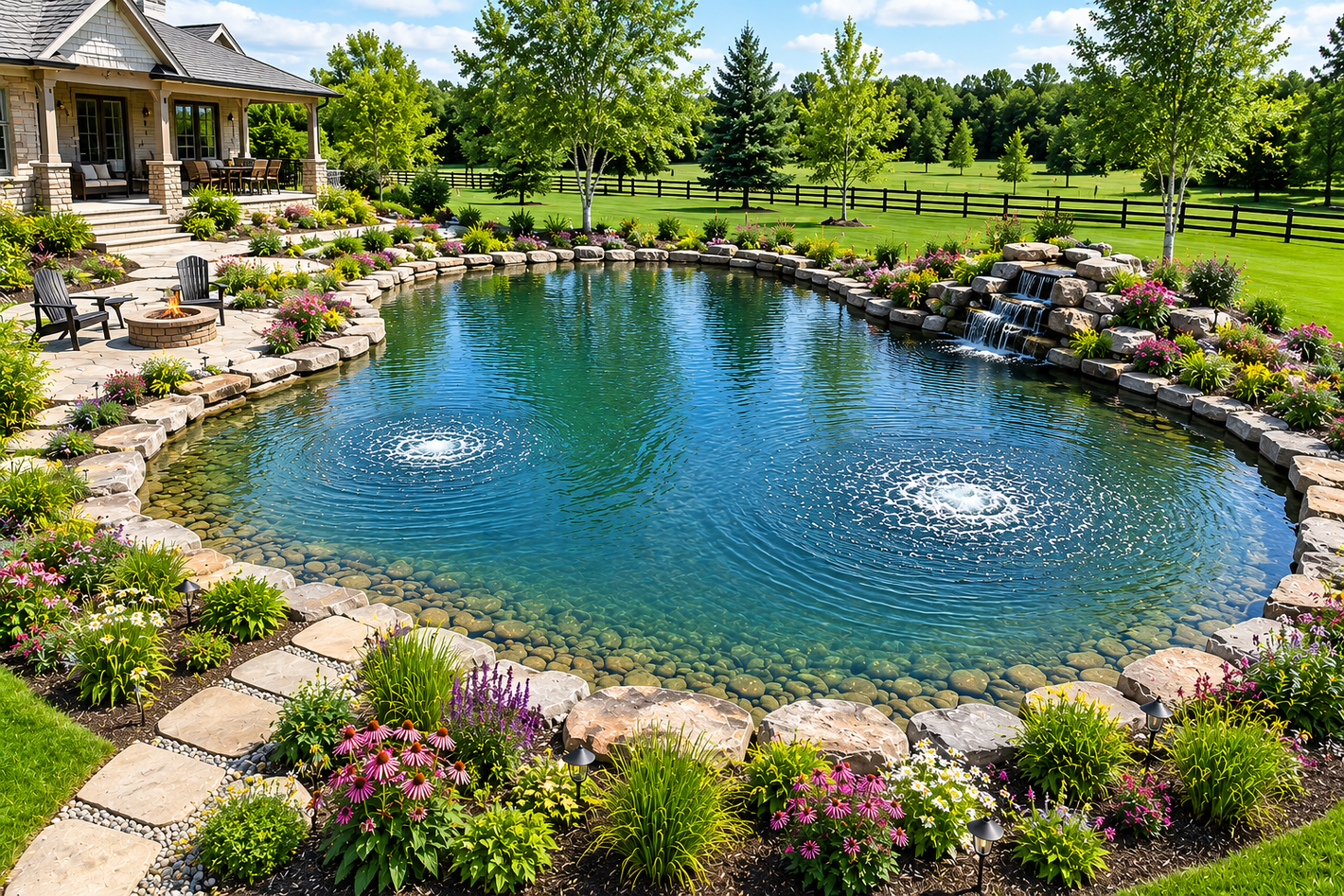 Peaceful pond with trees surrounding it and air bubbles showing in 2 spots where a HIBLOW aerator pump is used under water.