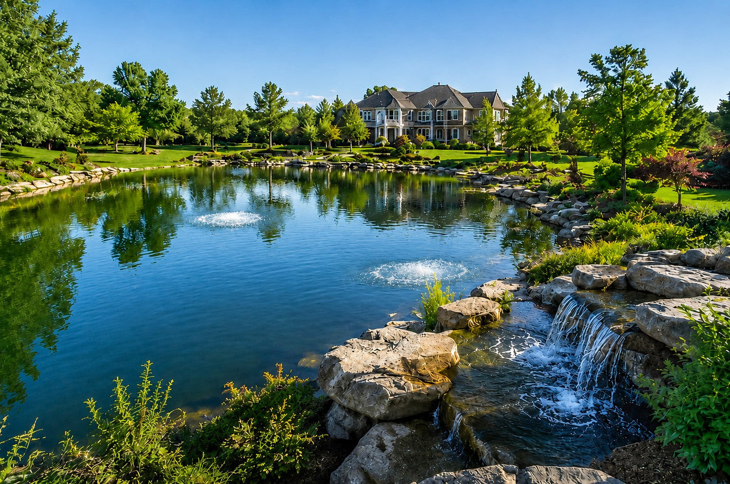 Large pond with rocky waterfall behind a large home.