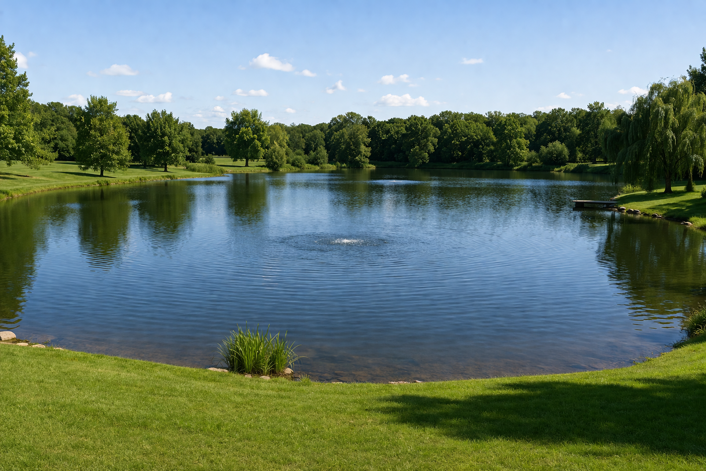 1 acre pond surrounded by trees with a HIBLOW aerator pump casting bubbles in the center.