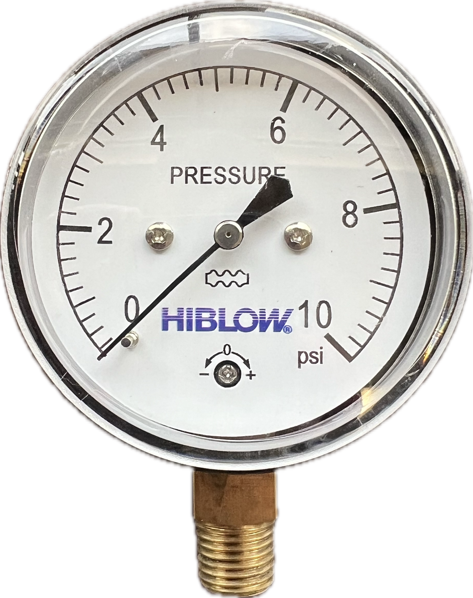 Pressure gauge showing max reading of 10 psi.