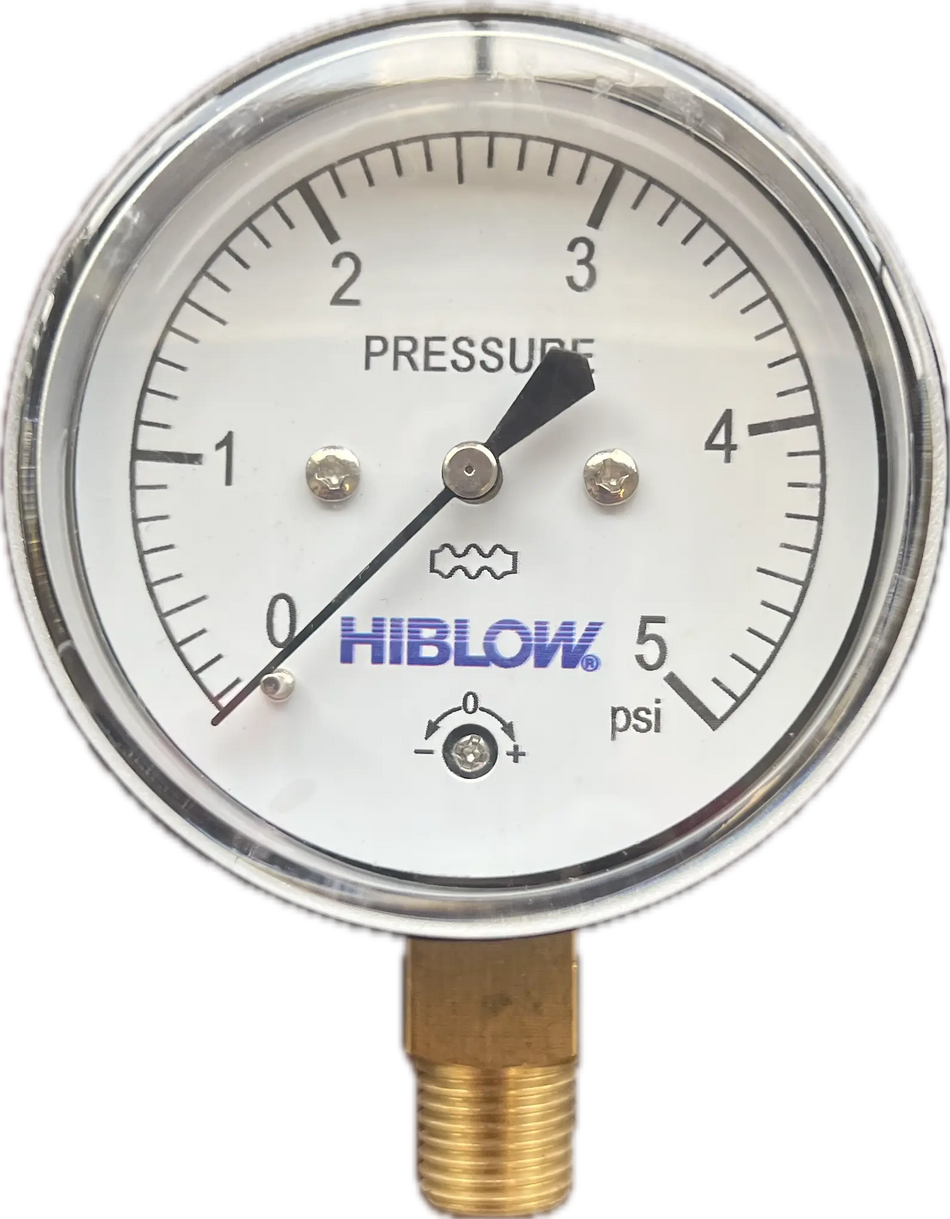 Pressure gauge dial measuring up to 5 psi