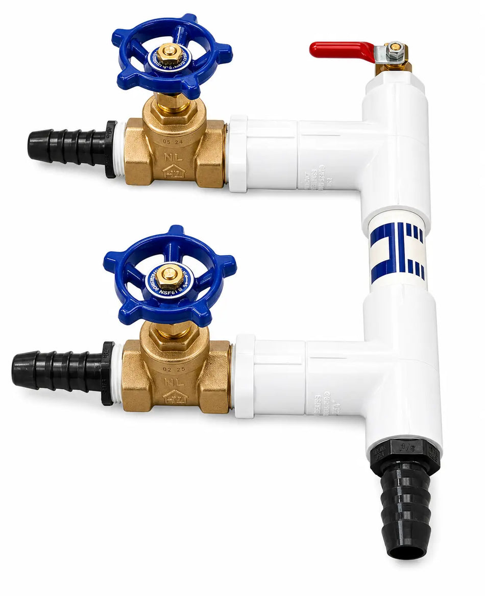 Side view of Pneumatic valve assembly with two control knobs for pond aeration.