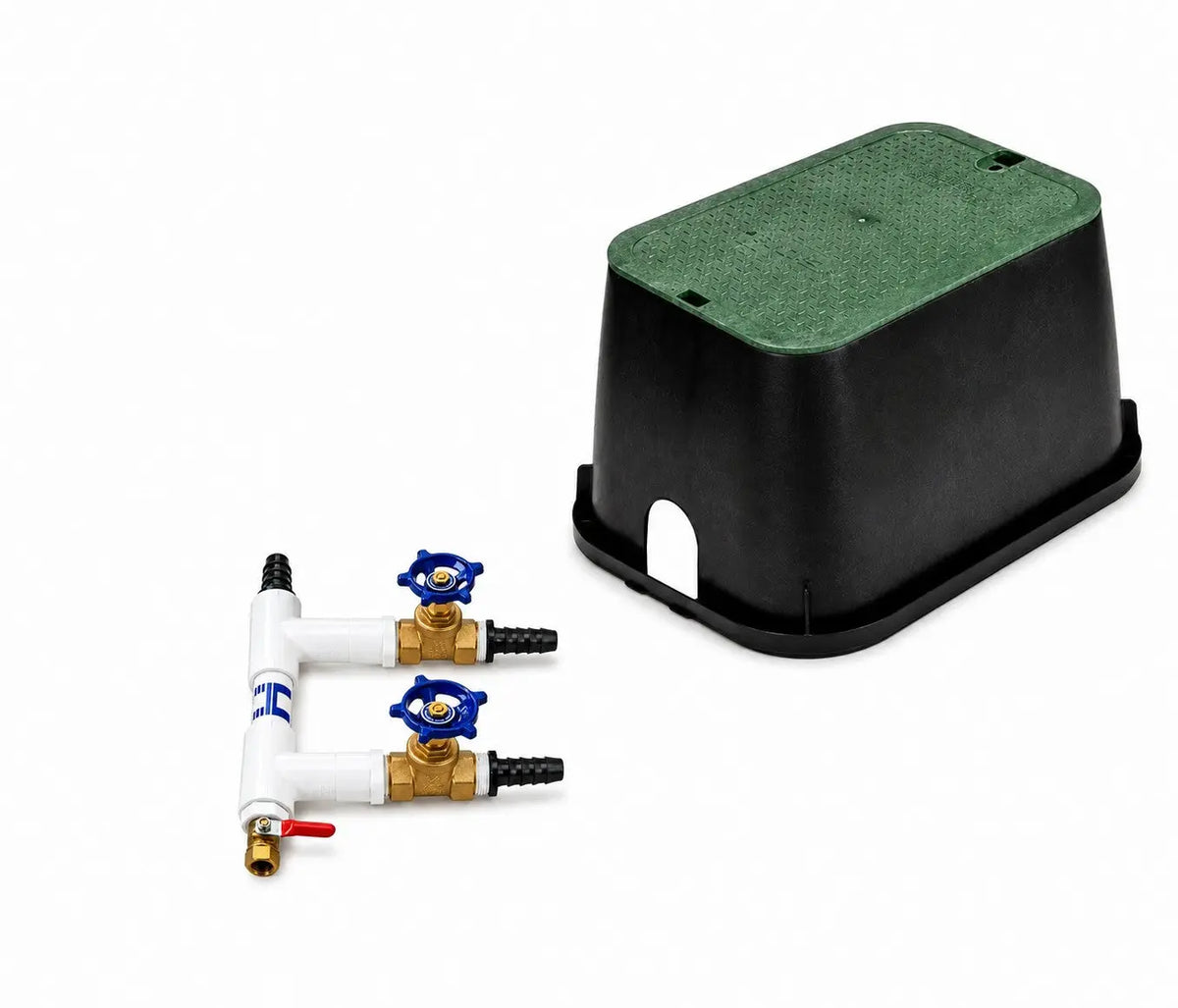 Manfold with 2 valves for air flow distribution with Hiblow Aerator Pump and a cover for the manifold with a removalable top.