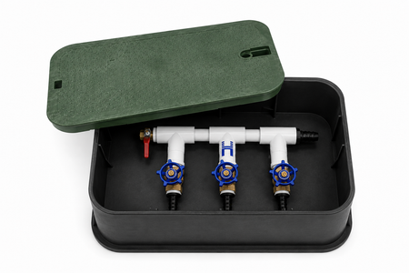 Manfold with 3 valves for air flow distribution with Hiblow Aerator Pump and a cover for the manifold with a removalable top.