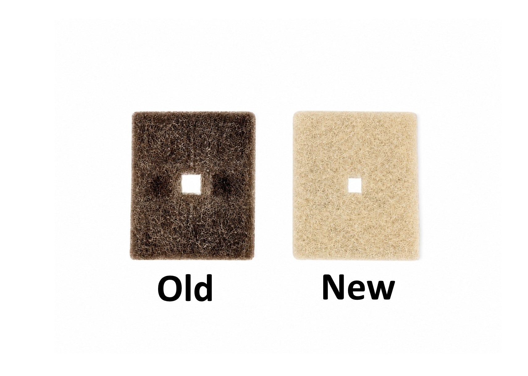 Comparison of an old and new filter on a white background