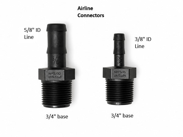 Two black plastic pipe fittings shown on a white background, labeled with line sizes: 5/8" ID Line on the left and 3/8" ID Line on the right. Each fitting has a threaded base and a short cylindrical connector above it.