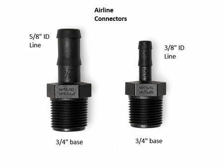 Two black plastic pipe fittings shown on a white background, labeled with line sizes: 5/8" ID Line on the left and 3/8" ID Line on the right. Each fitting has a threaded base and a short cylindrical connector above it.