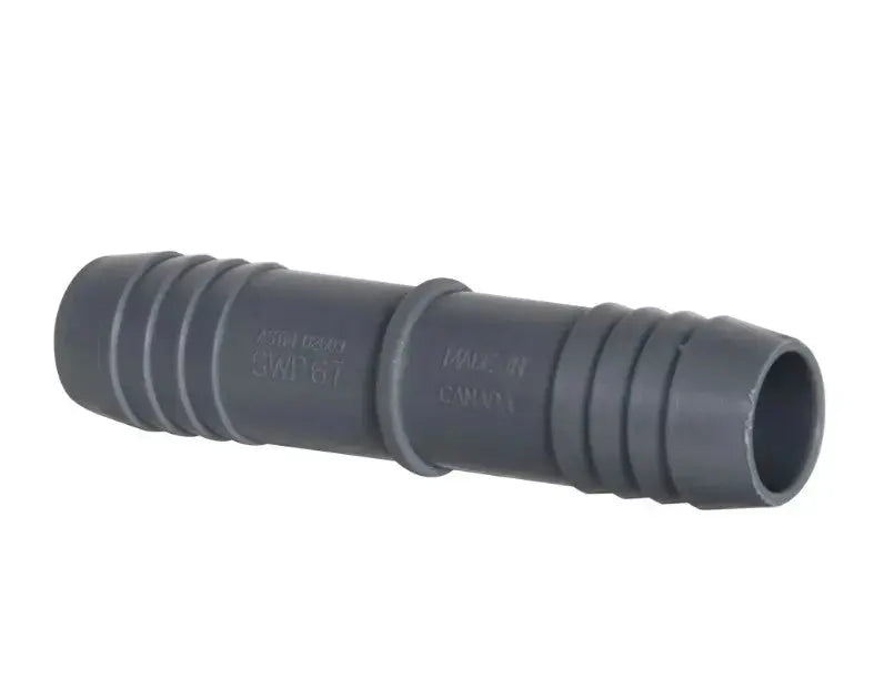 Gray plastic hose fitting with ribs for weighted airline connection.