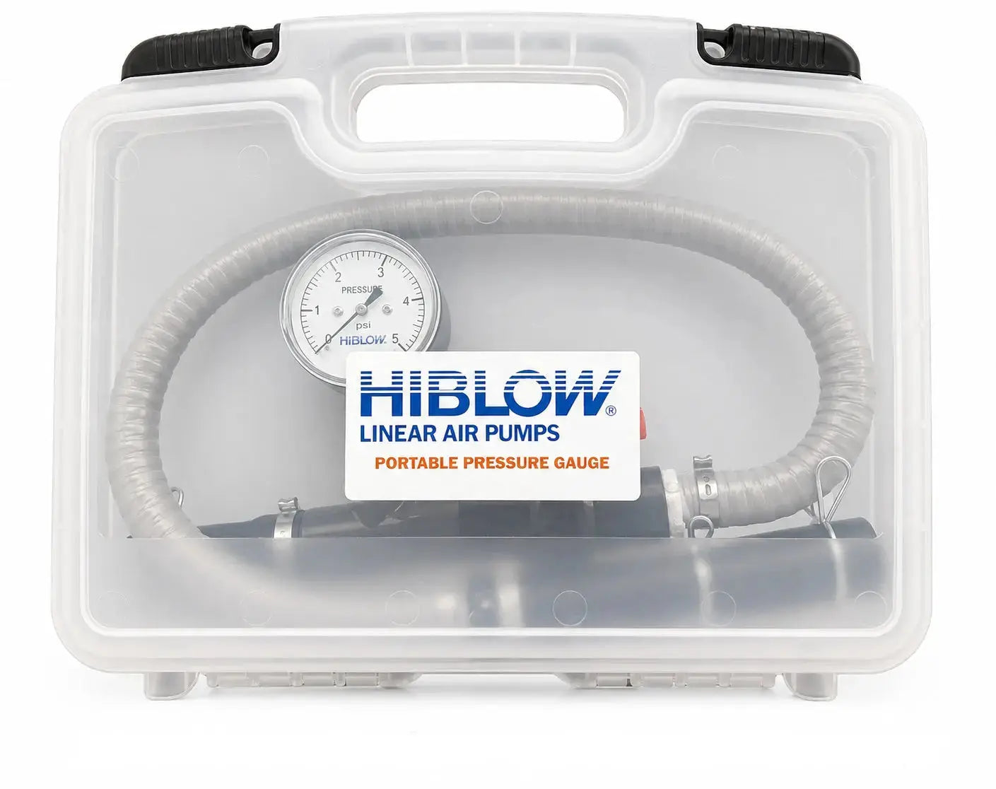 Hiblow linear air pumps portable pressure gauge in a clear case on a white background