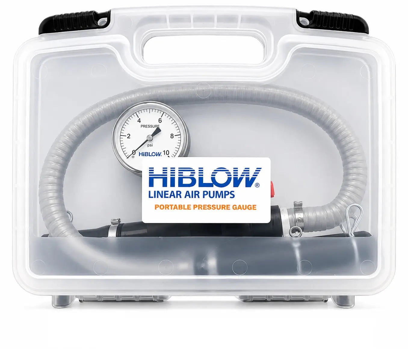 Hiblow portable 10 psi pressure gauge in a clear carrying case
