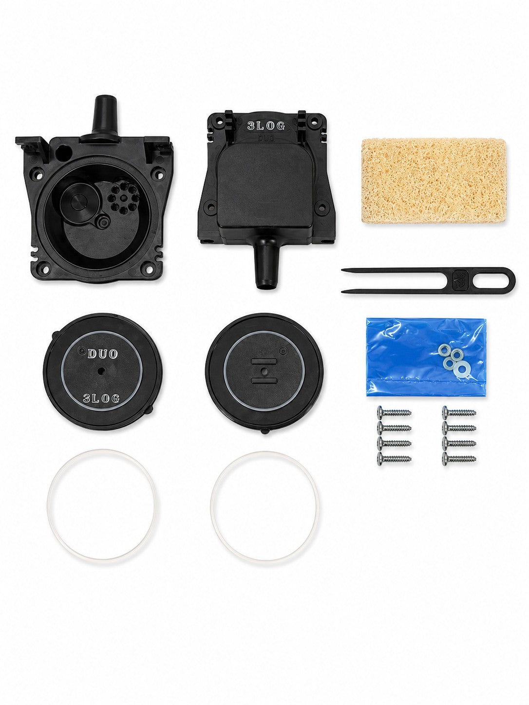 DUO-50/60/80 diaphragms, casing blocks, spacer, filter, O-rings, and hardware.
