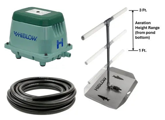 Pond aeration system components, including Hiblow Air Pump, adjustable height bubble diffuser, and weighted tubing.