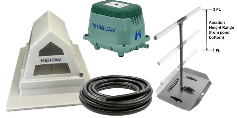 Pond aeration system components, including Hiblow Air Pump, pump cover, adjustable height bubble diffuser, and weighted tubing.