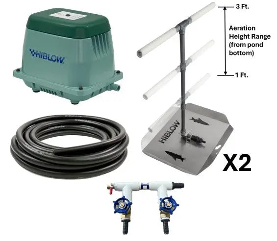 Pond aeration system components, including Hiblow Air Pump, two adjustable height bubble diffusers, weighted tubing, and 2-port control valve manifold with manifold cover.
