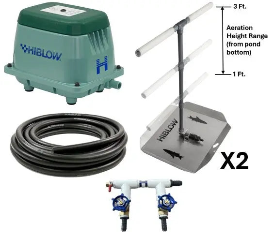 Pond aeration system components, including Hiblow Air Pump, two adjustable height bubble diffusers, weighted tubing, and control valve manifold on a white background.