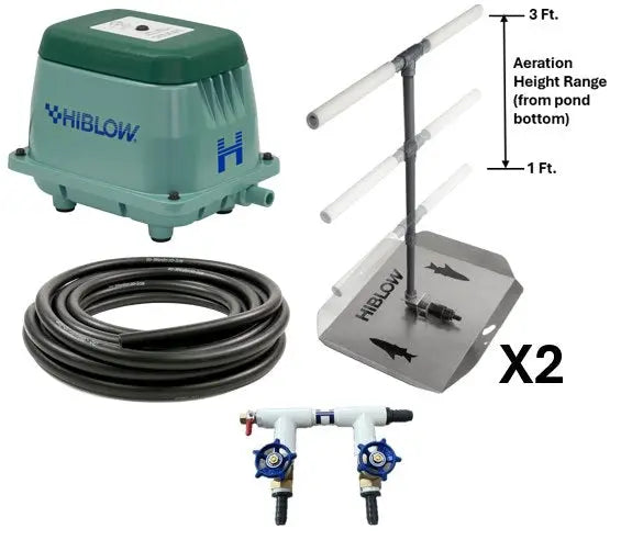 Pond aeration system components, including Hiblow Air Pump, two adjustable height bubble diffusers, weighted tubing, and control valve manifold on a white background.