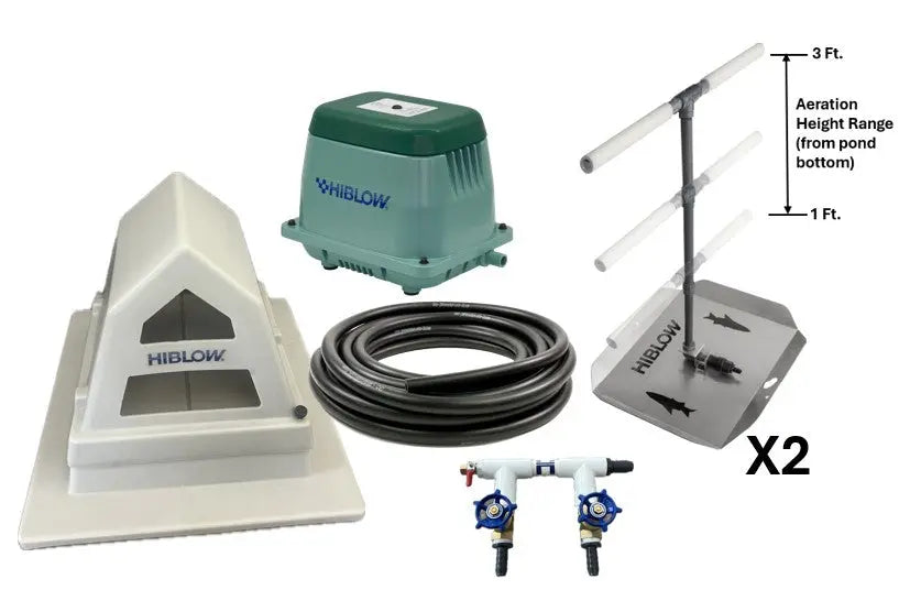 Pond aeration system components, including Hiblow Air Pump, Air Pump housing, two adjustable height bubble diffusers, weighted tubing, and air pressure control valve manifold on a white background.