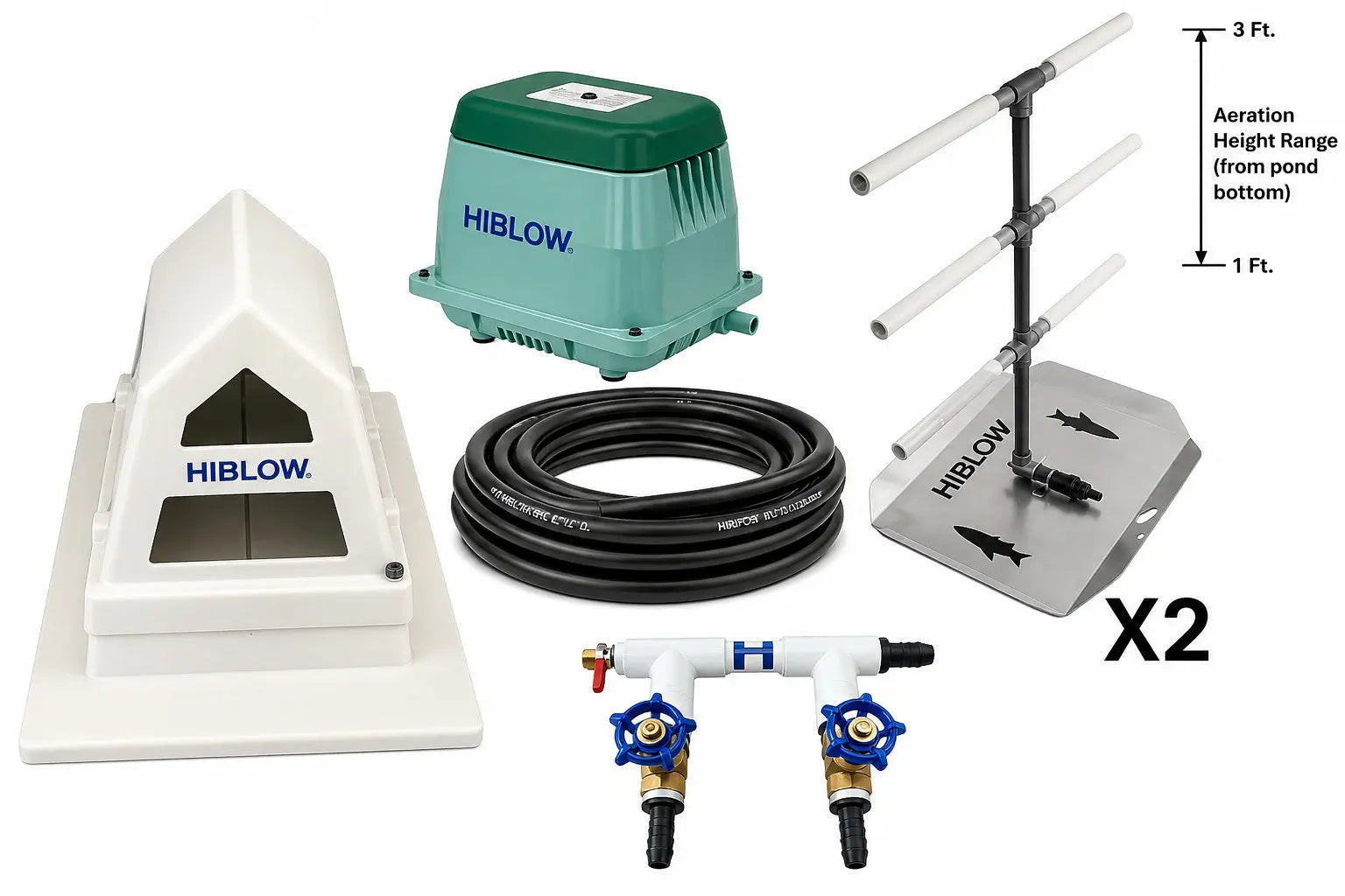 Pond aeration system with components including a pump, pump housing, silver bubble diffusers, and a weighted black hose on a white background.