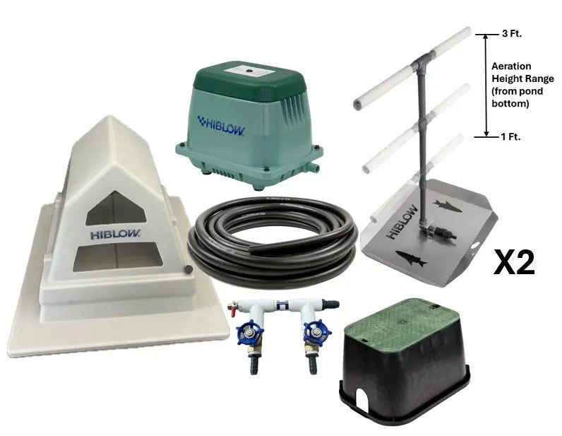 Pond aeration system components, including Hiblow Air Pump, two adjustable height bubble diffusers, weighted tubing, control valve manifold, and manifold cover on a white background.