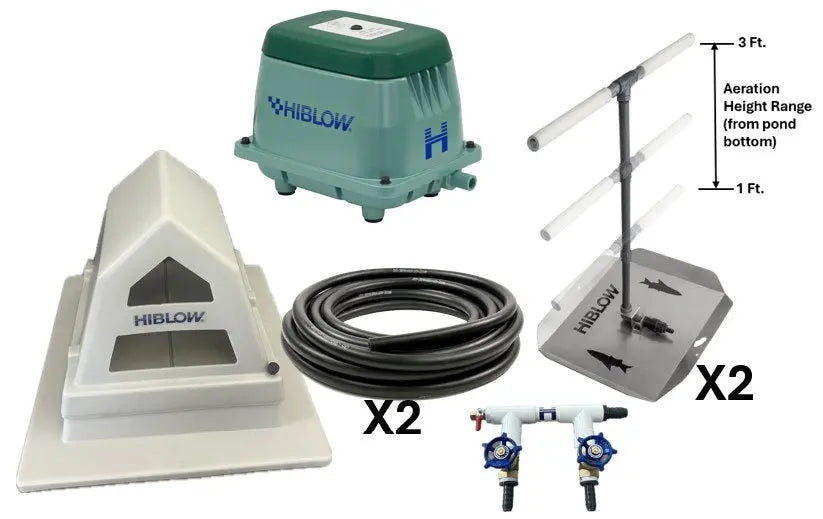 Pond aeration system components, including Hiblow Air Pump, two adjustable height bubble diffusers, weighted tubing, control valve manifold, and Air Pump cover on a white background.