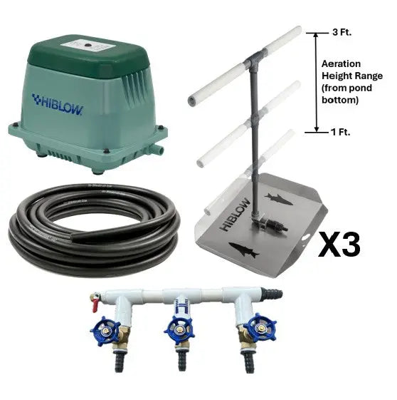 Pond aeration system components, including Hiblow Air Pump, three adjustable height bubble diffusers, weighted tubing, and 3-port control valve manifold.