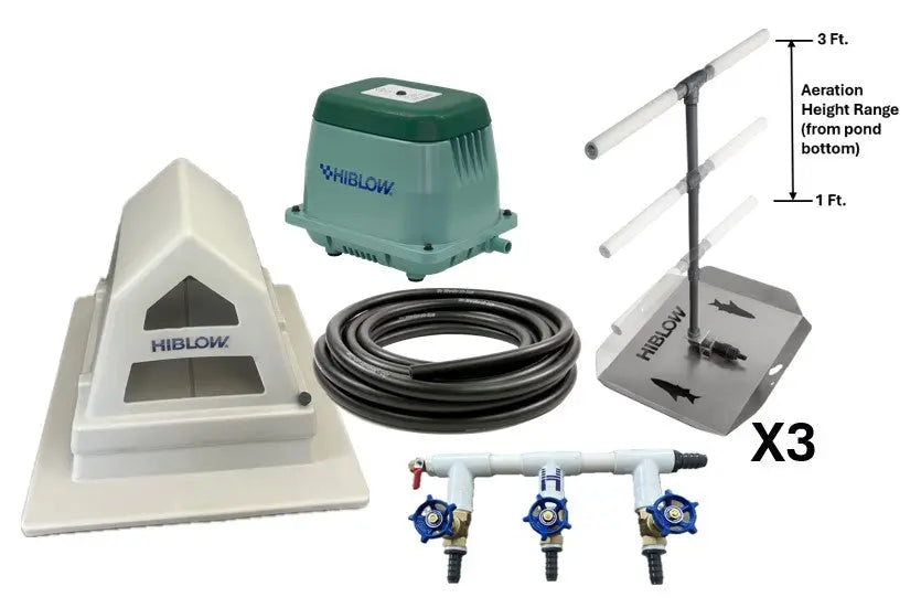 Pond aeration system components, including Hiblow Air Pump, Air Pump housing, three adjustable height bubble diffusers, weighted tubing, and control valve manifold on a white background.