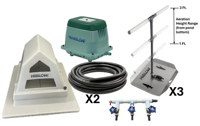 Pond aeration system components, including Hiblow Air Pump, pump cover, three adjustable height bubble diffusers, weighted tubing, and 3-port control valve manifold.