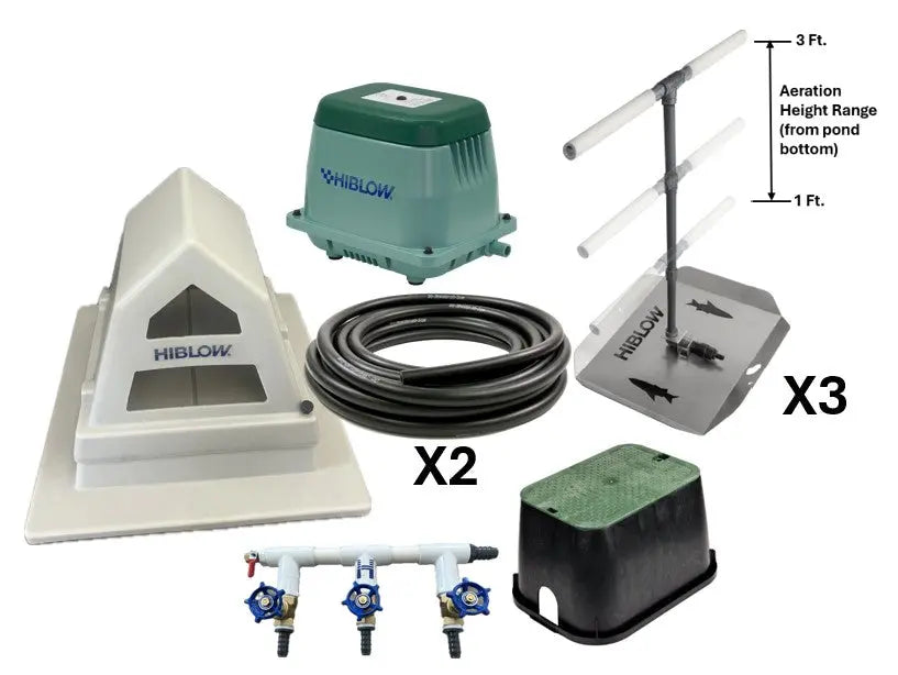 Pond aeration system components, including Hiblow Air Pump, pump cover, three adjustable height bubble diffusers, weighted tubing, and 3-port control valve manifold with cover.