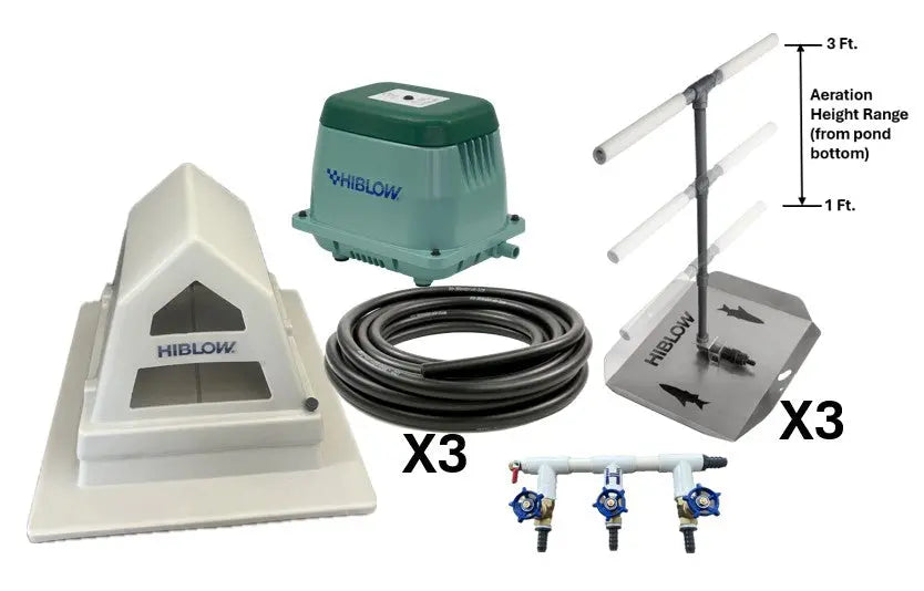 Complete Pond aeration system with components including a pump, pump housing, 3 silver bubble diffusers, and a weighted black hose on a white background.