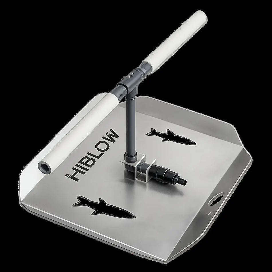 An adjustable height pond diffuser with a stainless steel base, a central support pole attached to the base plate, with diffuser lines extending outward in parallel for even air distribution. Shown at lowest setting.