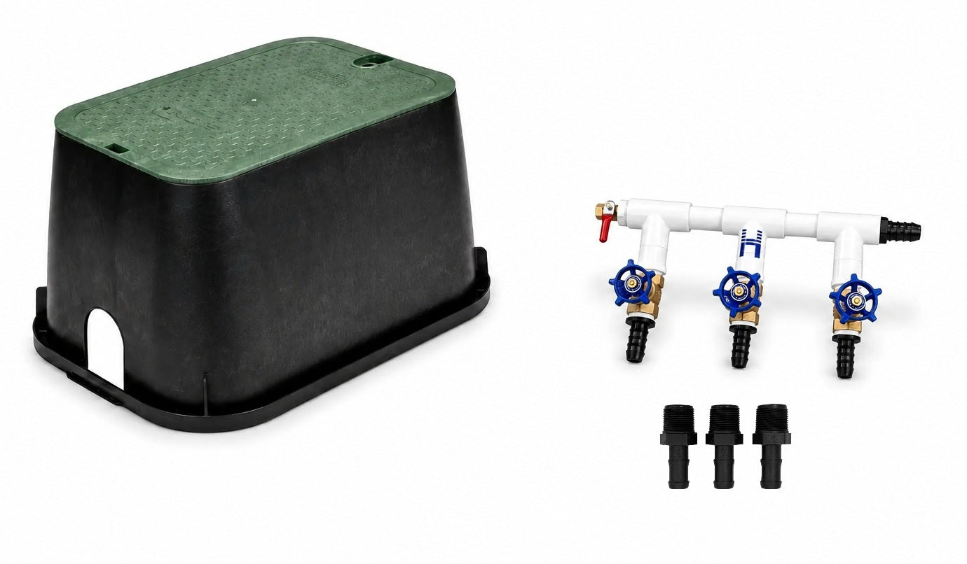 HIBLOW 3-Valve Manifold with ground cover and 3 of the 5/8" airline barbs
