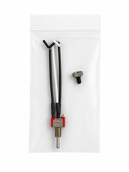 Pre-wired 3-position slide switch and mounting hardware in plastic bag for septic air pump alarm system