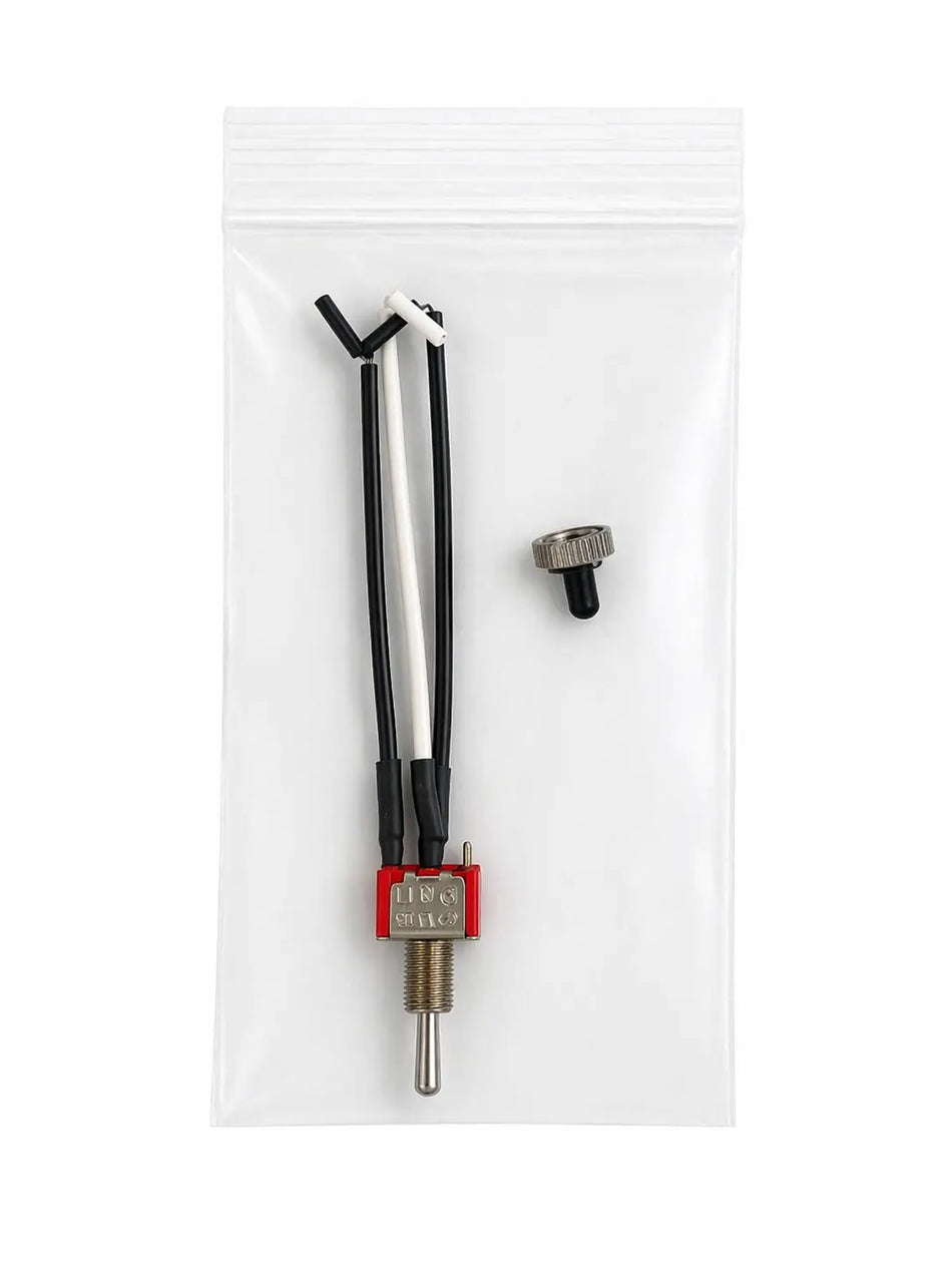 Pre-wired 3-position slide switch and mounting hardware in plastic bag for septic air pump alarm system