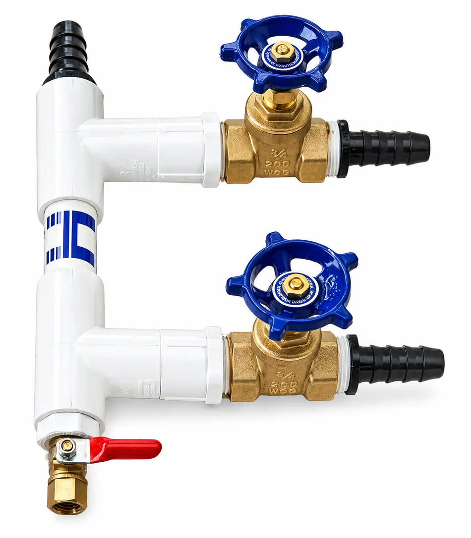 Pneumatic valve assembly with two control knobs for pond aeration.