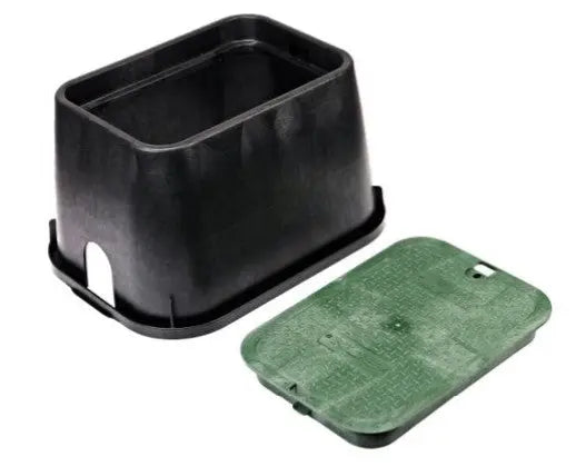 Black plastic container and green lid on a white background