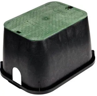 A green and black plastic container for covering the valve manifold.