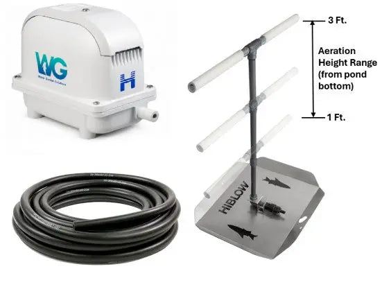 Pond aeration system components, including Hiblow Air Pump, pump housing, adjustable height bubble diffuser, and 100' weighted tubing.