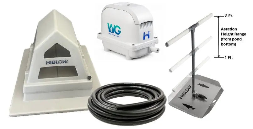 Pond aeration system components, including Hiblow Air Pump, pump housing, adjustable height bubble diffuser, and weighted tubing.