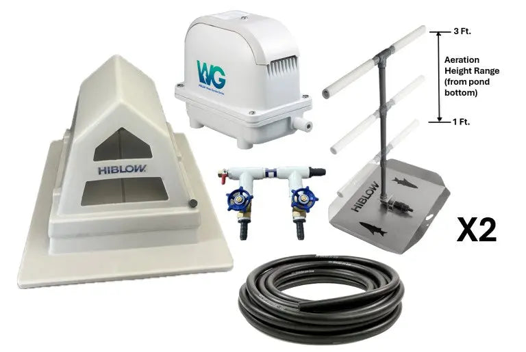 Pond aeration system components, including Hiblow Air Pump, pump housing, two adjustable height bubble diffusers, 2-port control manifold, and weighted tubing.