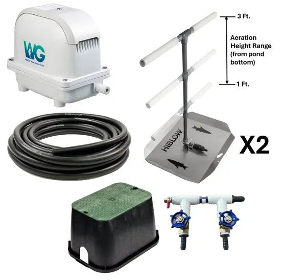 Pond aeration system components, including Hiblow Air Pump, two adjustable height bubble diffusers, 2-port control manifold with manifold cover, and weighted tubing.