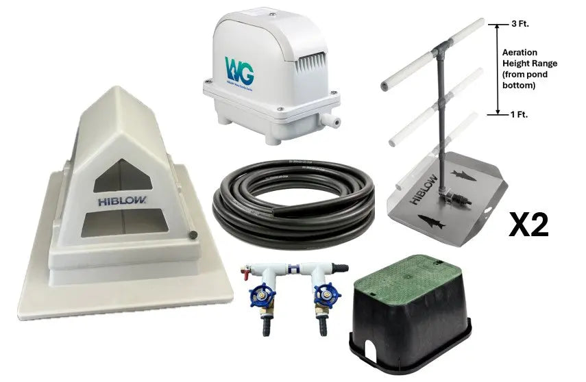Pond aeration system components, including Hiblow Air Pump, pump housing, two adjustable height bubble diffusers, 2-port control manifold with cover, and weighted tubing.