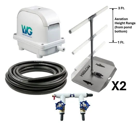 Pond aeration system components, including Hiblow Air Pump, two adjustable height bubble diffusers, 2-port control manifold, and weighted tubing.
