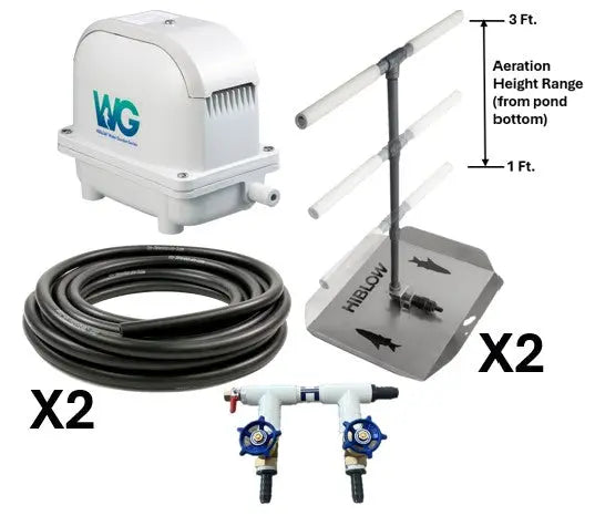 Pond aeration system components, including Hiblow Air Pump, two adjustable height bubble diffusers, 2-port control manifold, and weighted tubing.