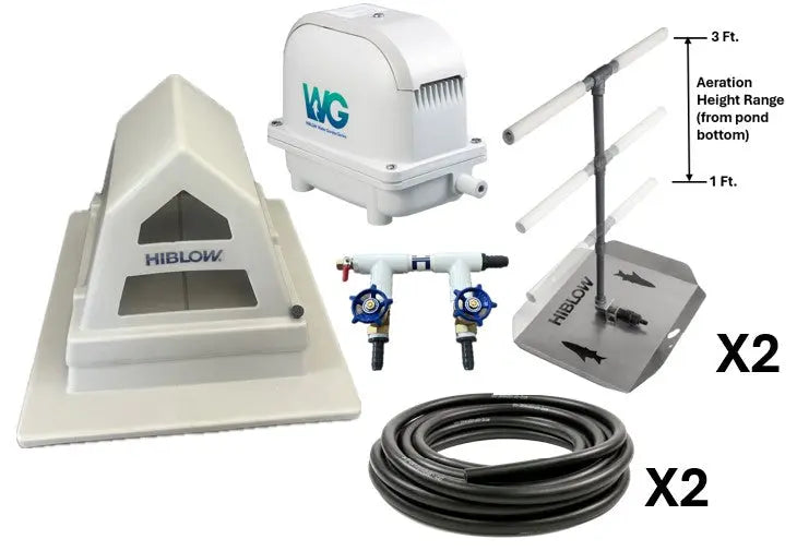 Pond aeration system components, including Hiblow Air Pump, pump housing, two adjustable height bubble diffusers, 2-port control manifold, and weighted tubing.