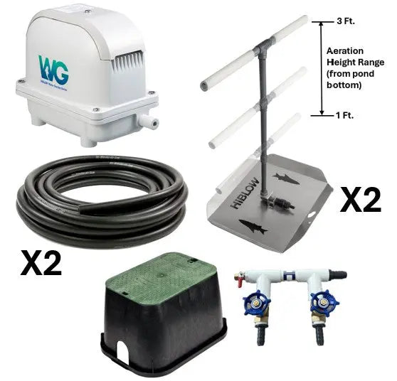 Pond aeration system components, including Hiblow Air Pump, two adjustable height bubble diffusers, 2-port control manifold with cover, and weighted tubing.