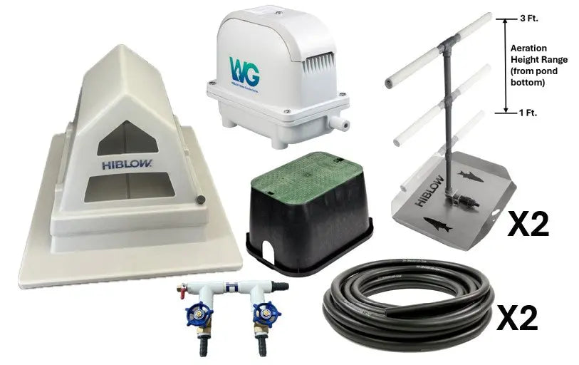 Pond aeration system components, including Hiblow Air Pump, pump housing, two adjustable height bubble diffusers, 2-port control manifold with cover, and weighted tubing.