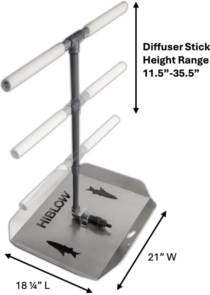 An adjustable height pond diffuser with a stainless steel base, a central support pole attached to the base plate, with diffuser lines extending outward in parallel for even air distribution. Base is 21" X 18 1/4", height range is 11.5" - 35.5".